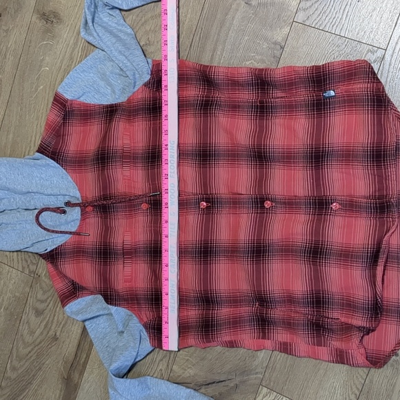 North Face Red Flannel Jacket Gray Sleeves Button Up Women’s S Small Hood - Picture 3 of 8